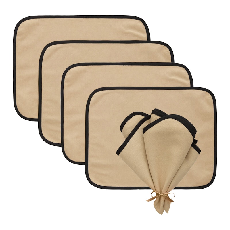 Elvira Textilset 4 Bordstabletter + 4 Servetter, Natur/Svart 8 Delar