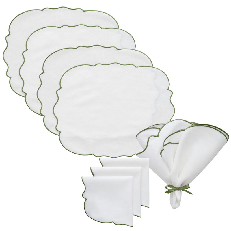 Gia Textilset 4 Bordstabletter + 4 Servetter, Vit / Grön