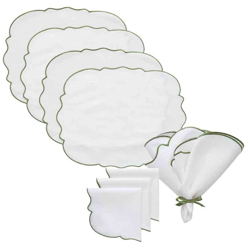 Gia Textilset 4 Bordstabletter + 4 Servetter, Vit / Grön