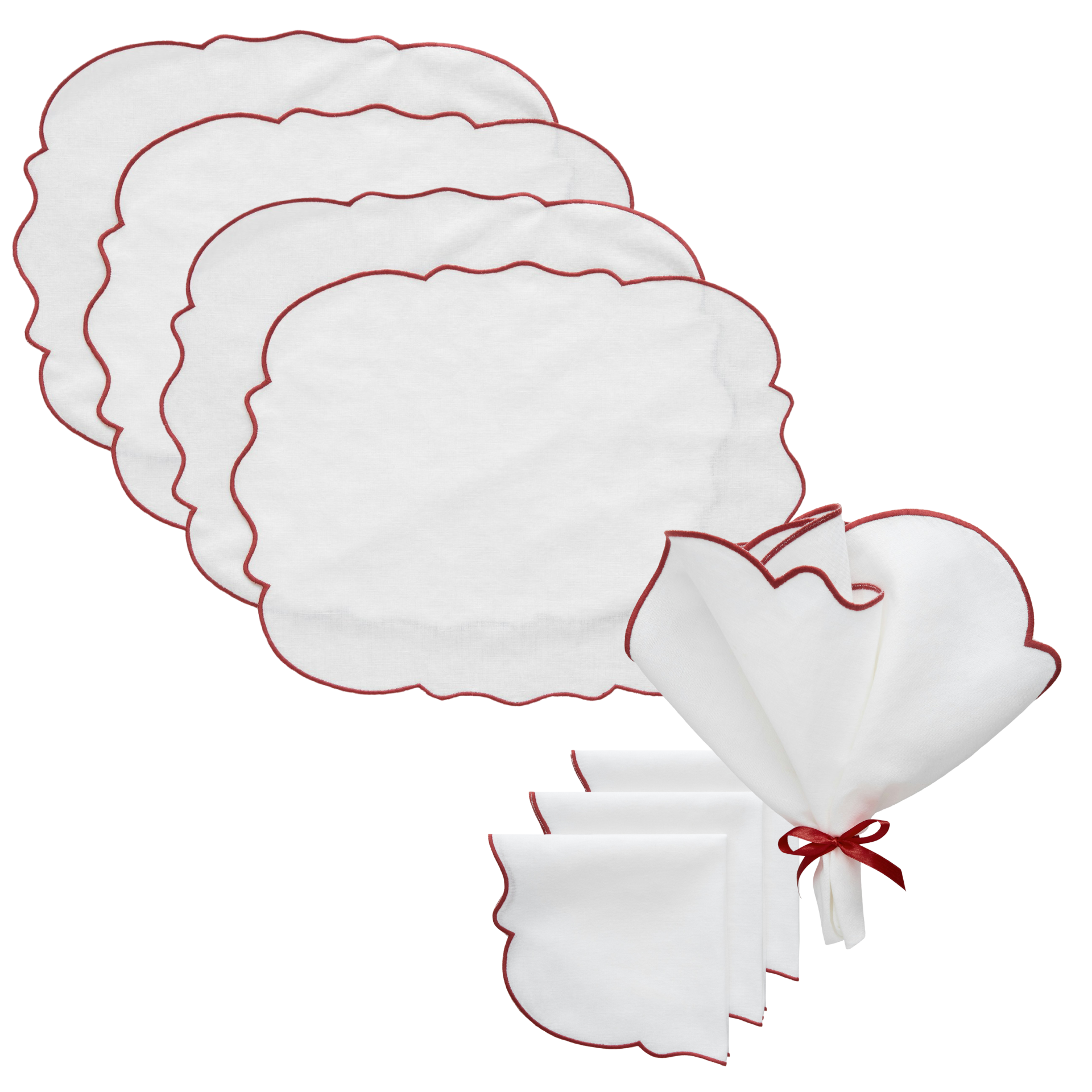 Decotique Gia Textilset 4 Bordstabletter + 4 Servetter Vit / Vinr&ouml;d - Bordstabletter & Glasunderl&auml;gg Bomull Vit - 421701(X2)+421703(X2)