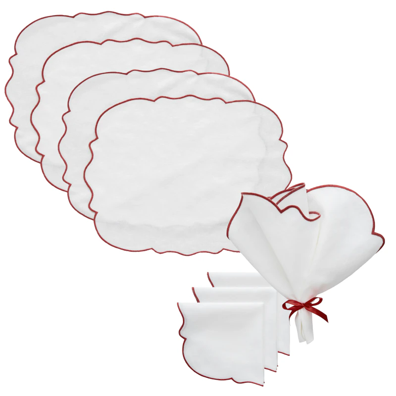 Gia Textilset 4 Bordstabletter + 4 Servetter, Vit / Vinröd