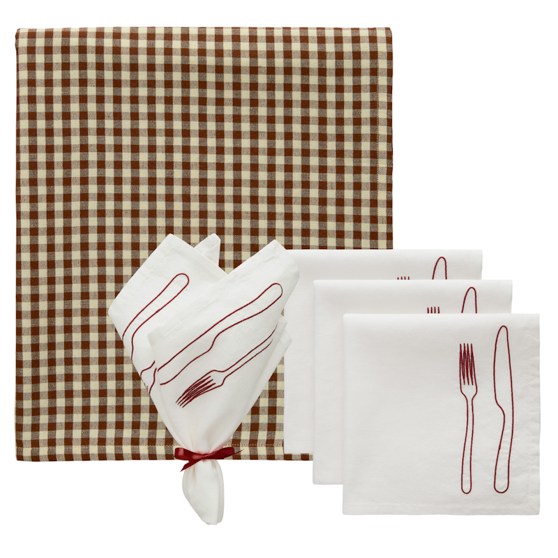 La Tavola / Oliva Textilset 4 Servetter + Duk, Brun / Vinröd