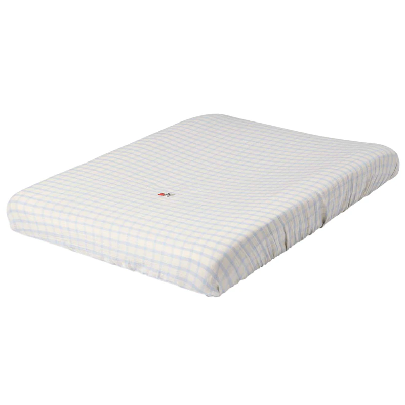 Gingham Sky Blue Muslin Överdrag Till Skötbädd, 50x70 cm