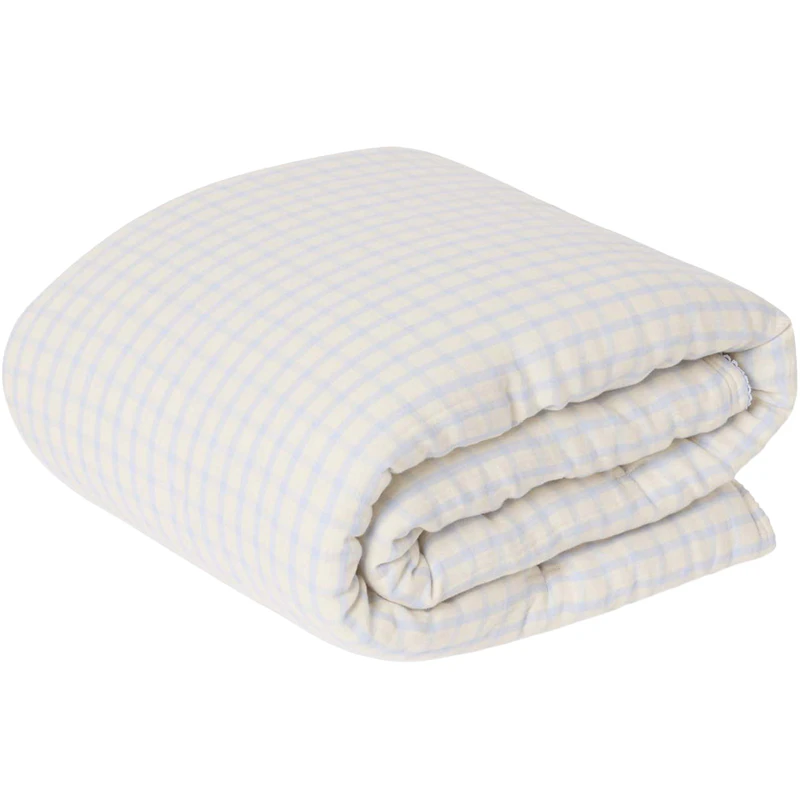 Gingham Sky Blue Muslin Vadderad Filt, 100x140 cm