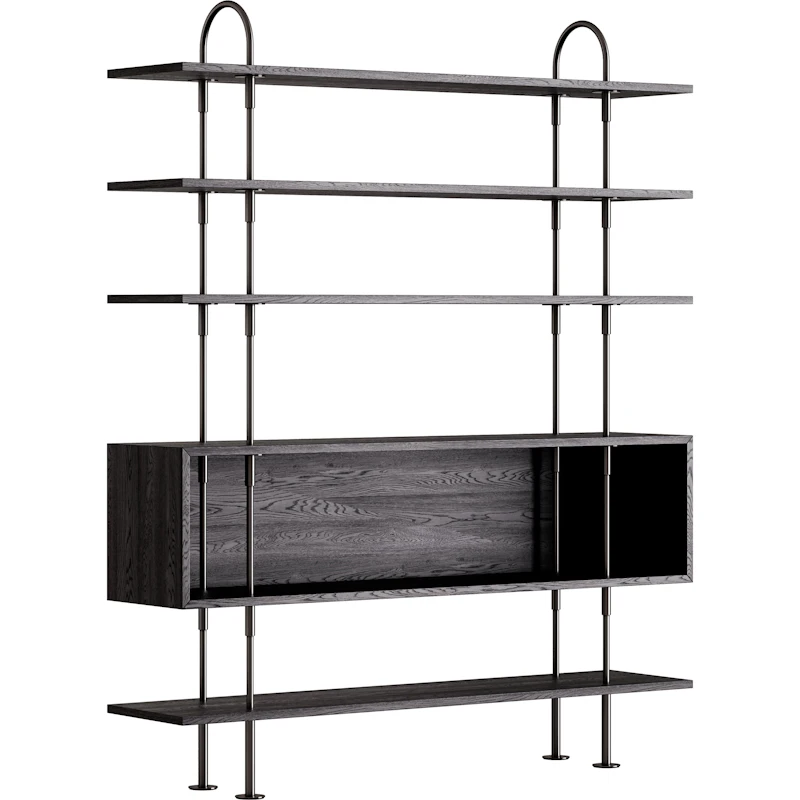 Keen Hyllsystem Med 4 Hyllplan / 1 Boxhylla 160 cm, Svart Mässing / Svartbrunbetsad Ask