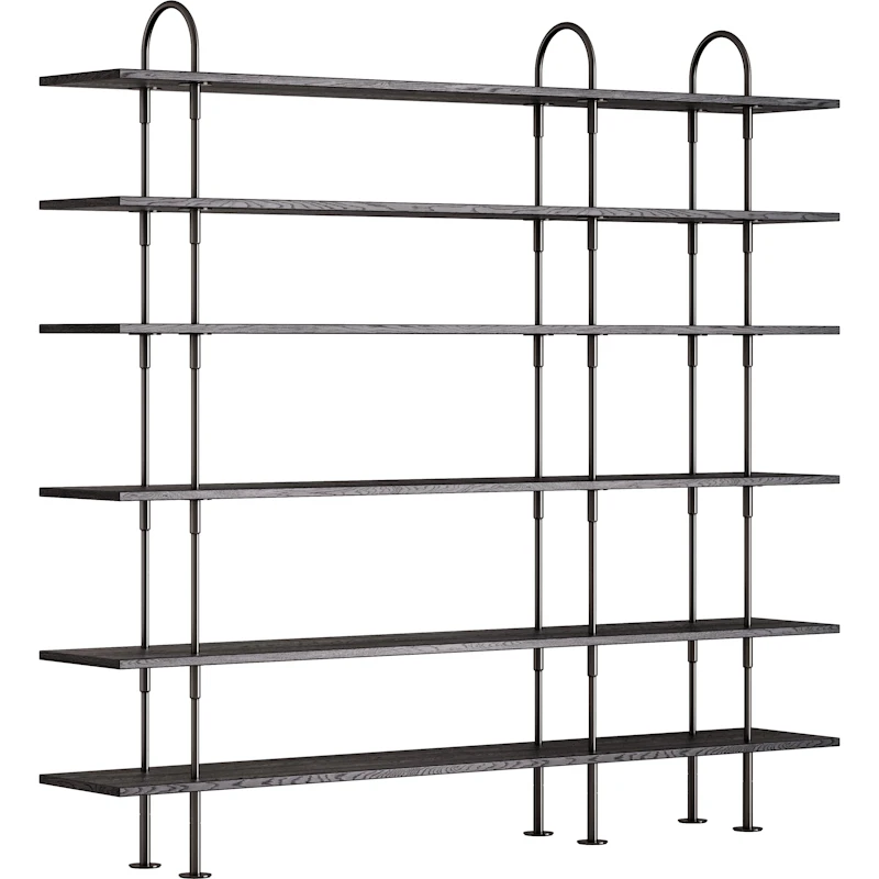Keen Hyllsystem Med 6 Hyllplan 208 cm, Svart Mässing / Svartbrunbetsad Ask