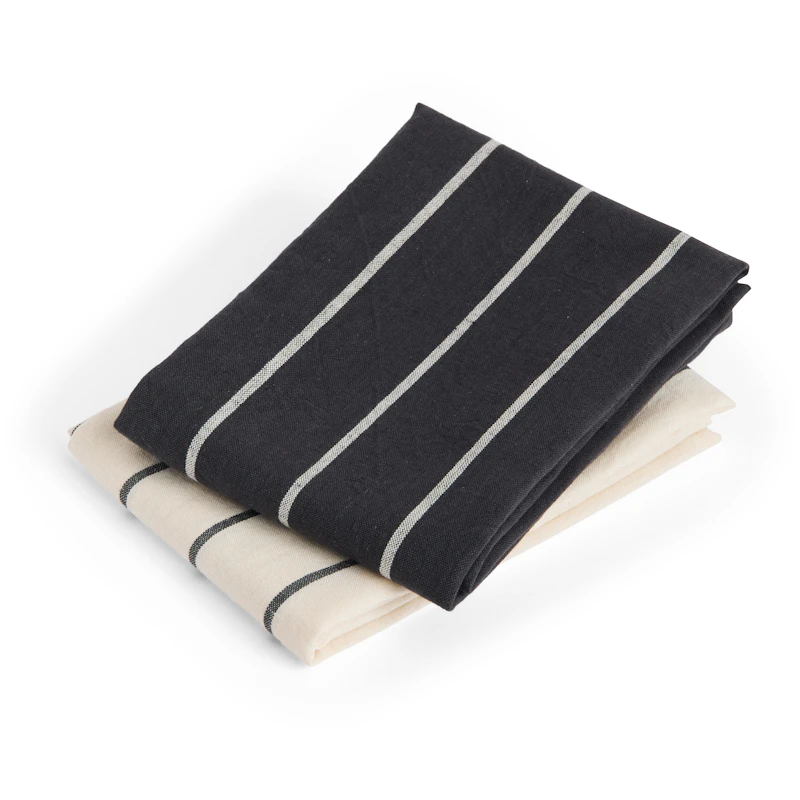 Outdoor Market Tea Towel Set of 2, Black With Beige Stripe