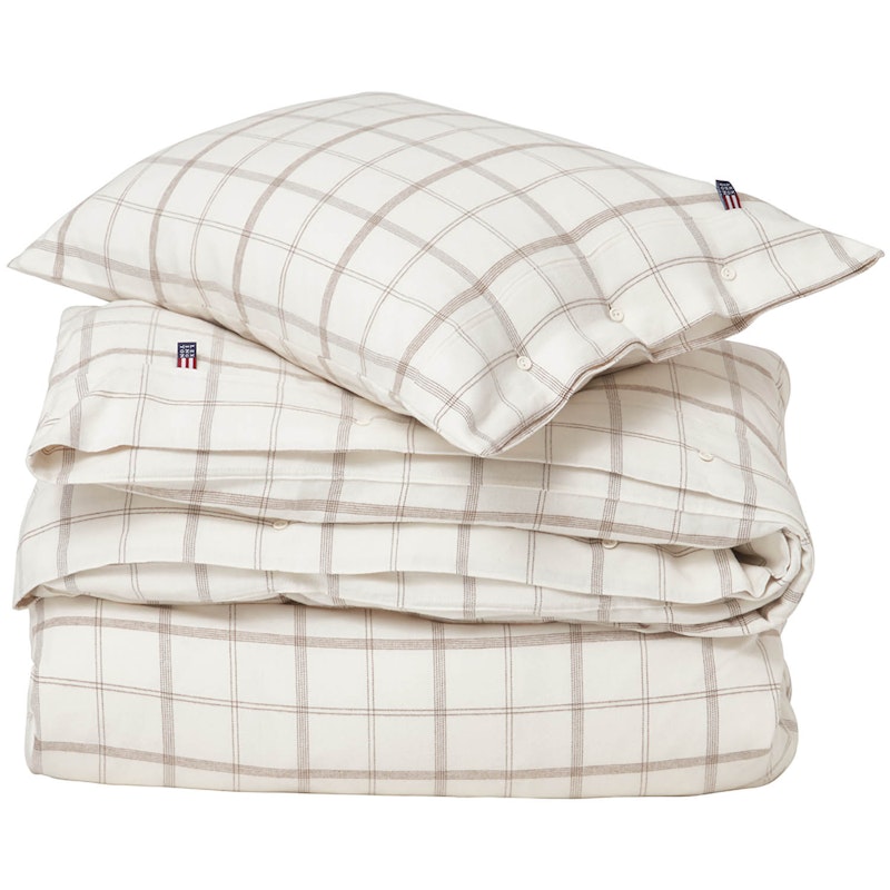 Checked Cotton Flannel Bäddset 220x220/50x60 cm, Vit/Brun