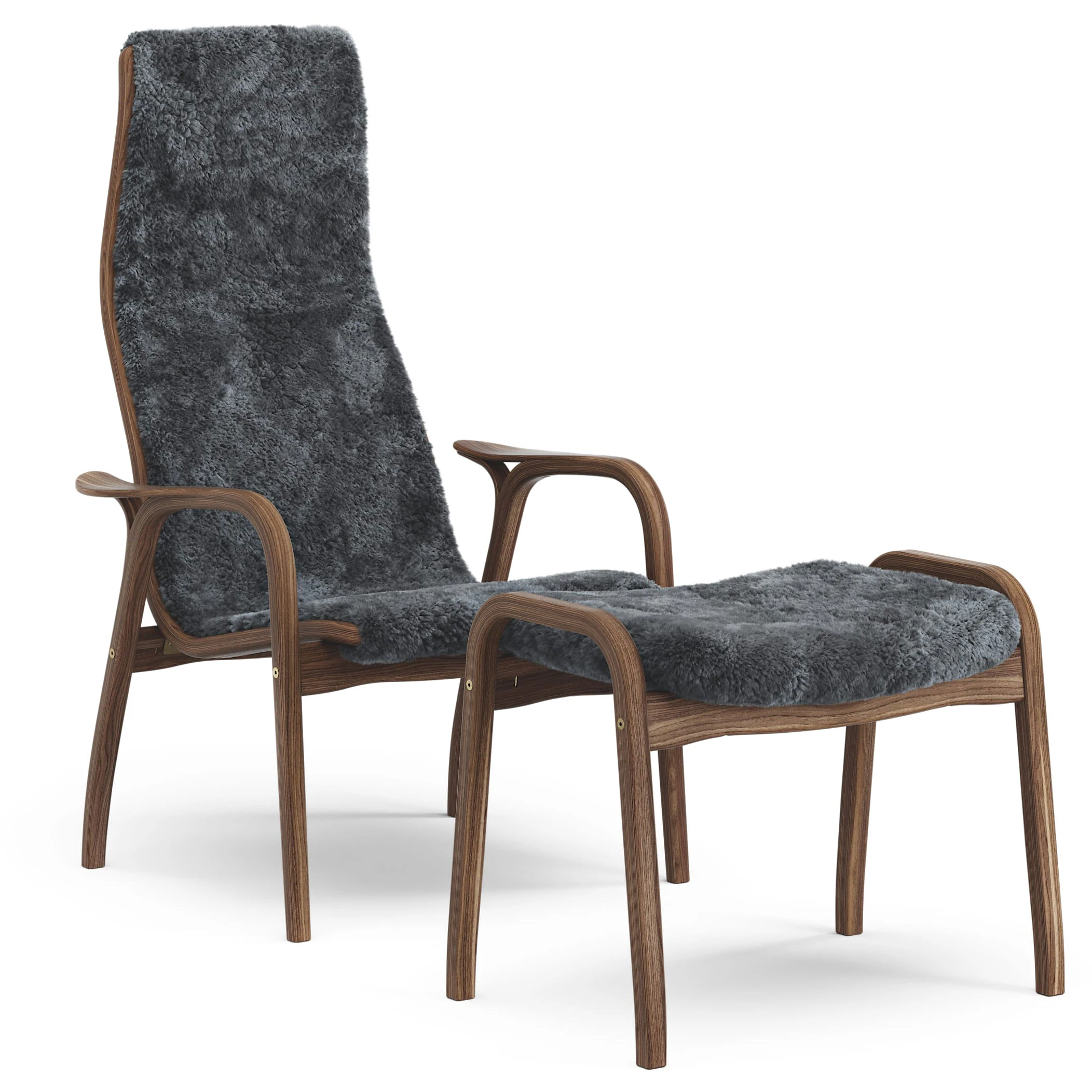 Swedese Lamino F&aring;t&ouml;lj Med Fotpall Naturlackerad / F&aring;rskinn Charcoal - F&aring;t&ouml;ljer Valn&ouml;t Charcoal - 23001/V1156