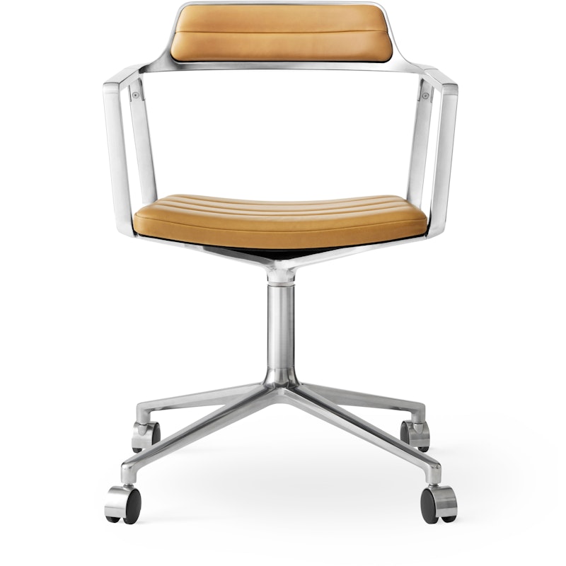 452 Snurrstol Med Hjul, Polerat Aluminium / Kamelfärgat Läder